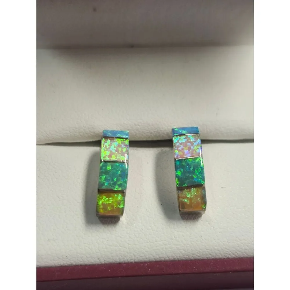 Sterling Silver 925 Opal Inlay Half Hoop Earrings Multi